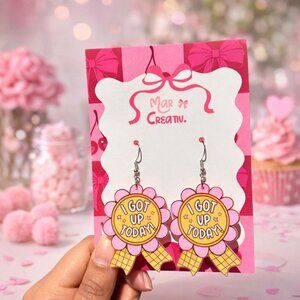 Pink Flower Ribbon Earrings | I Got Up Today Statement Dangle Earrings